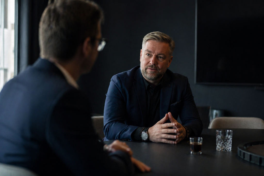 Ledersparring i fortrolig samtale i professionelt mødelokale