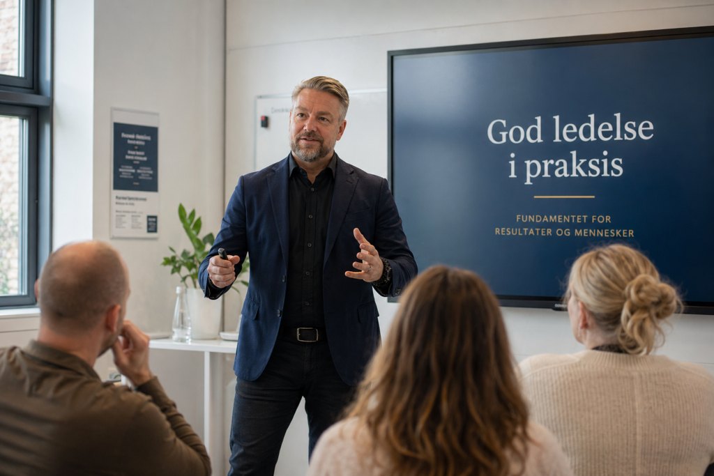 Underviser i grundlæggende lederuddannelse foran et hold i undervisningslokale