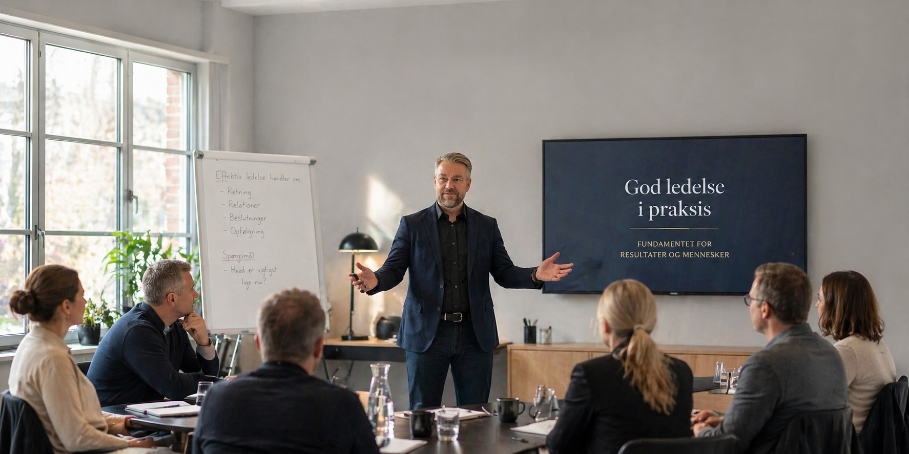 Ledertræning i praksis med facilitator og deltagere i workshoprum